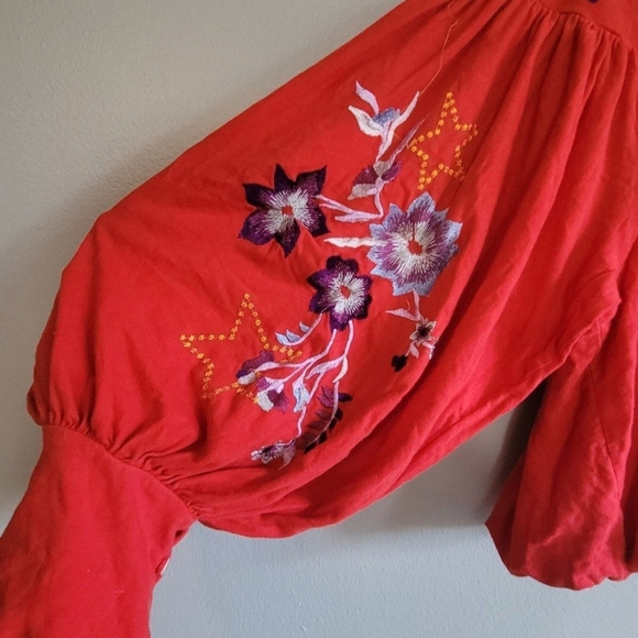 Free People Embroidered Red Women's Top Size L - Picture 3 of 5